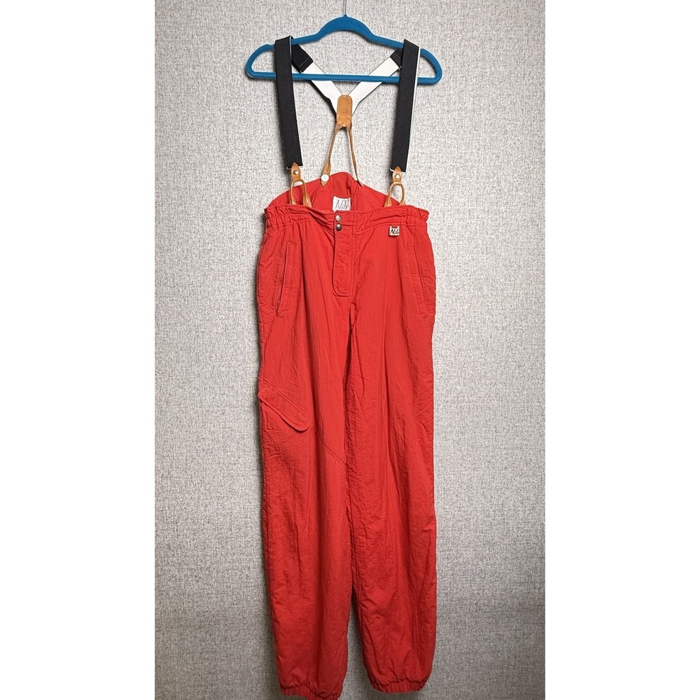 Vintage 80s/90s Red Nils Ski Snow Bib Pants Leather Suspenders Men's 34 /MED‎